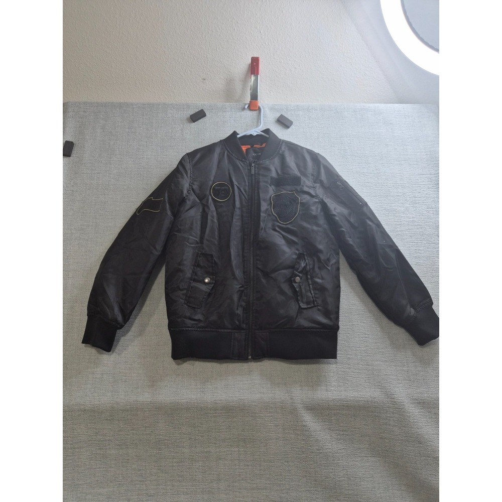 Joe's Jeans Bomber Jacket Boys Large (14/16) Black Patch Satin Lined Full Zip